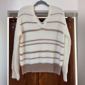 Gianni Bini Striped V-Neck Sweater - Cream and Tan